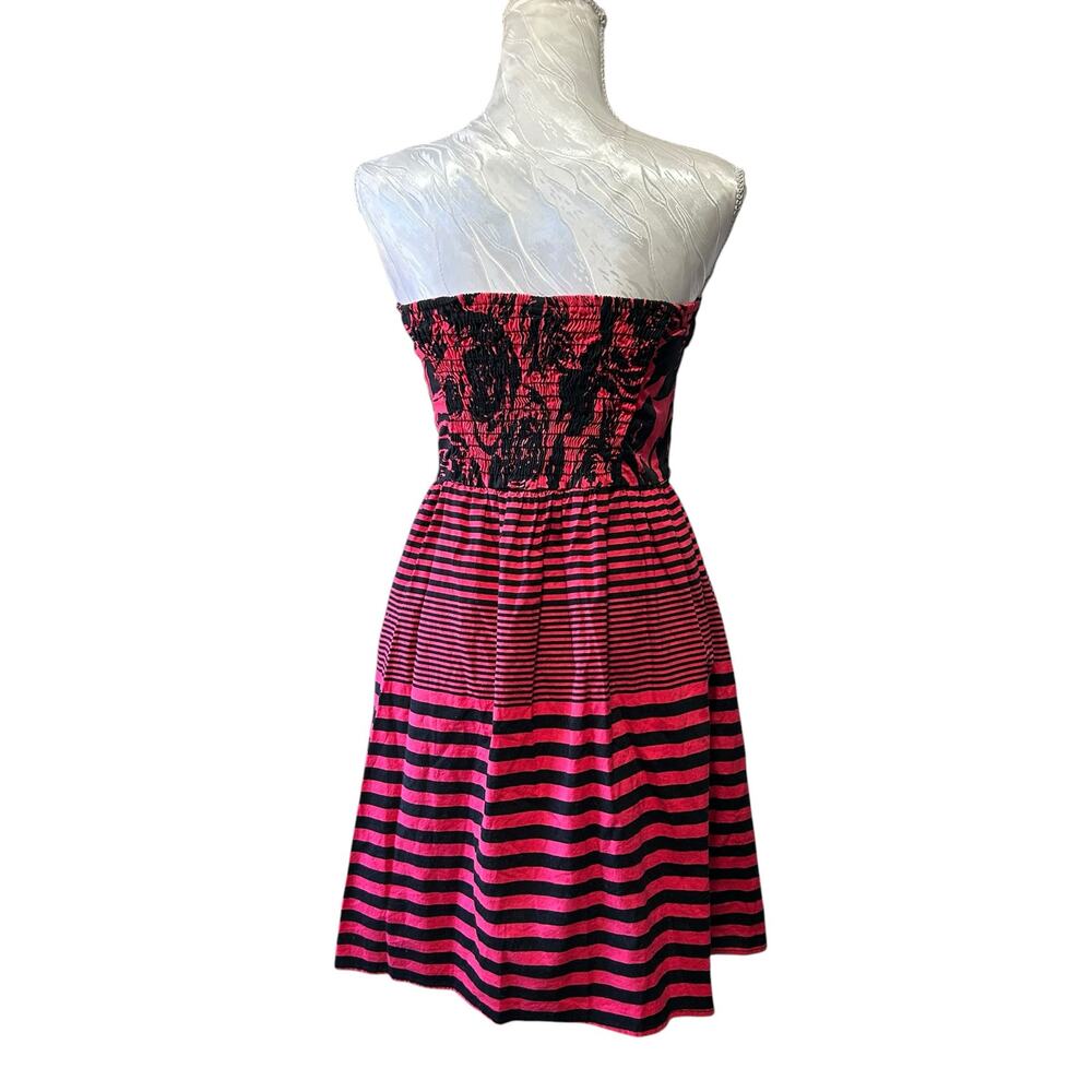 Vintage Y2K Strapless Floral Stripe Dress Smocked Back Sz Medium - Picture 3 of 14